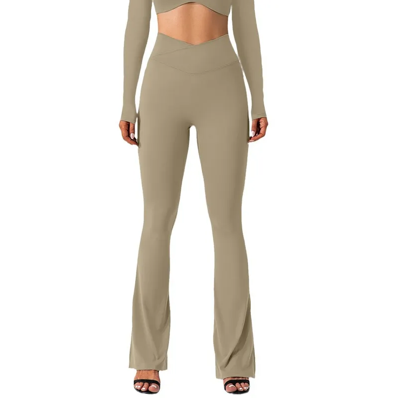 AL08 Pantalones de yoga para mujer Acampanados Ranura Alinear Color sólido Desnudo Deportes Shaping Cintura alta Apretado Fitnes
