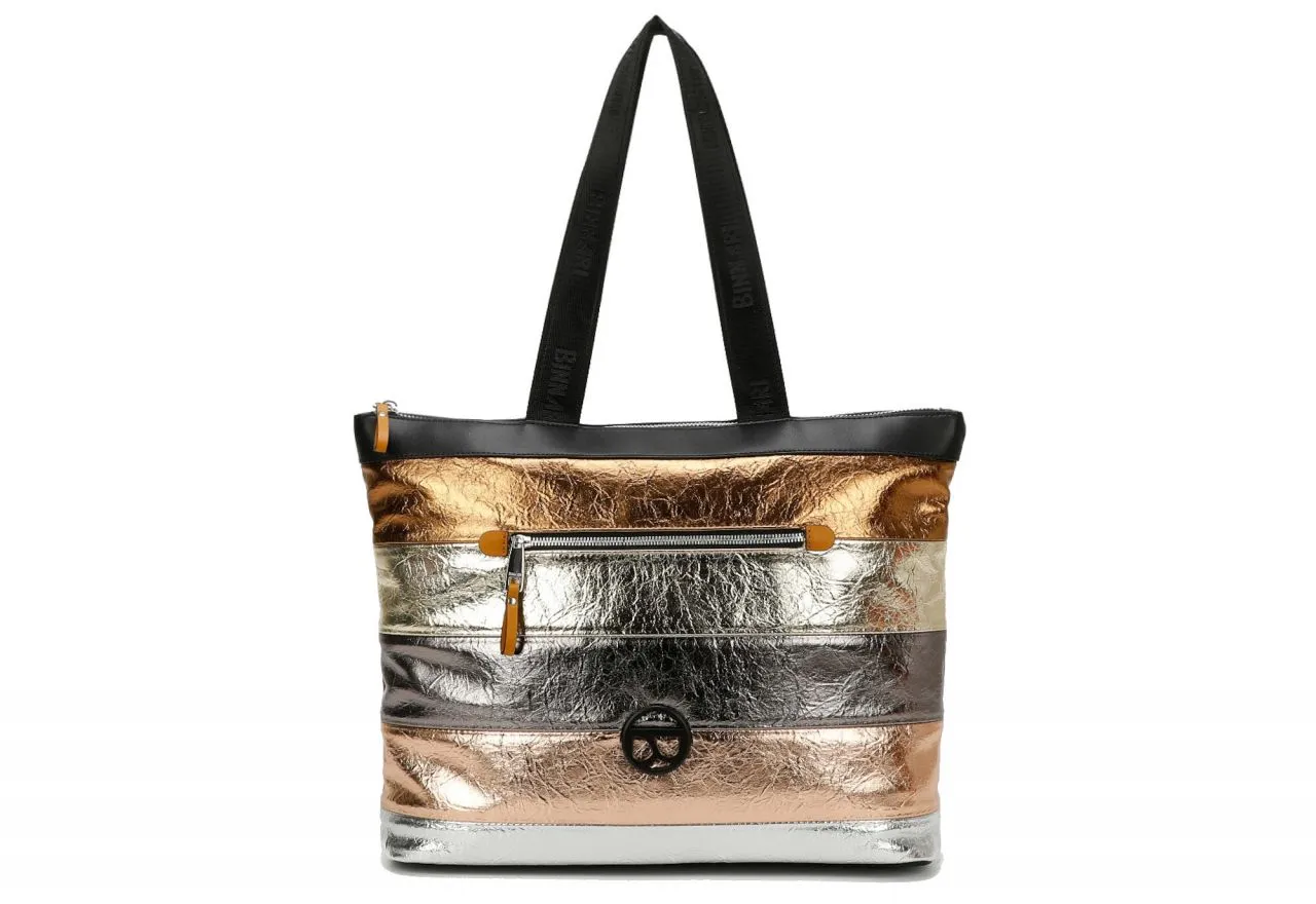 Bolso Grande Franjas Metal Bolsillos Logo Negro Asas Cinta