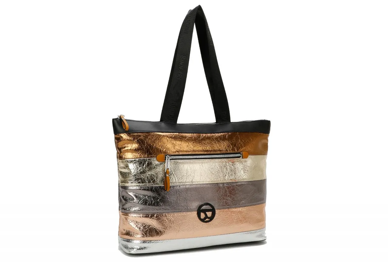 Bolso Grande Franjas Metal Bolsillos Logo Negro Asas Cinta