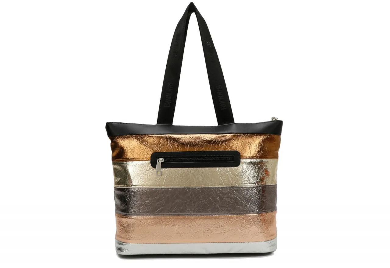 Bolso Grande Franjas Metal Bolsillos Logo Negro Asas Cinta