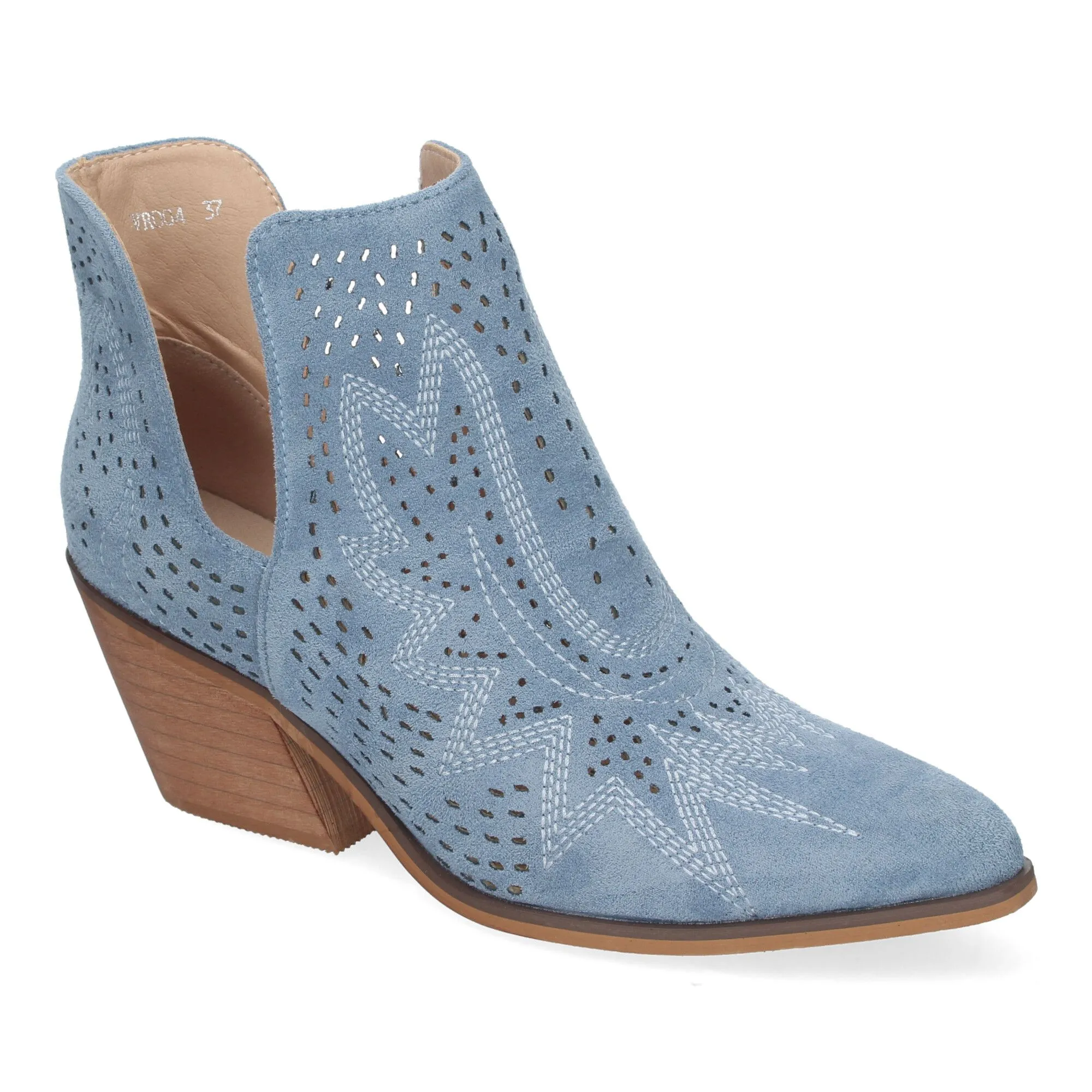 Botines de tacón bajo calados cómodos color jeans para mujer VR004