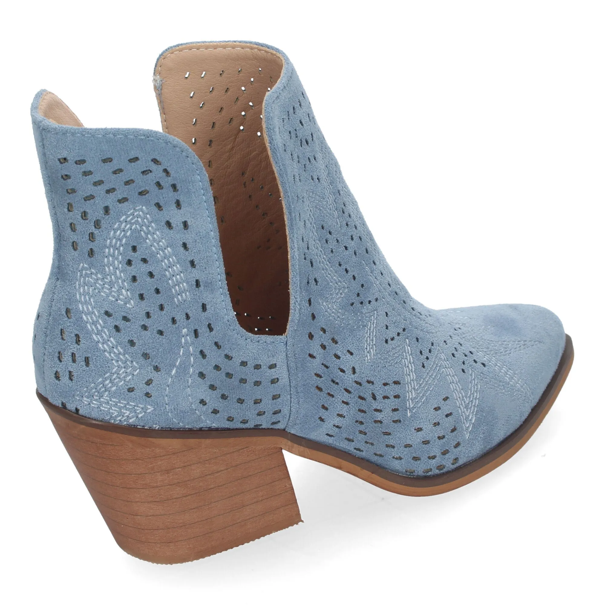 Botines de tacón bajo calados cómodos color jeans para mujer VR004