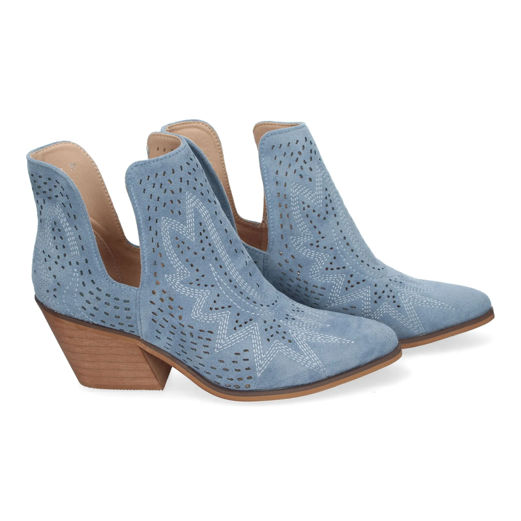 Botines de tacón bajo calados cómodos color jeans para mujer VR004