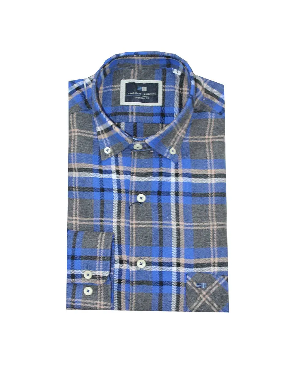 Camisa hombre manga larga FRANELA con cuadros gris, azul, marrón y blanco