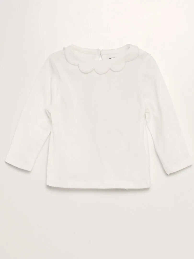 CAMISETA DE MANGA LARGA CON CUELLO FESTONEADO  BLANCO