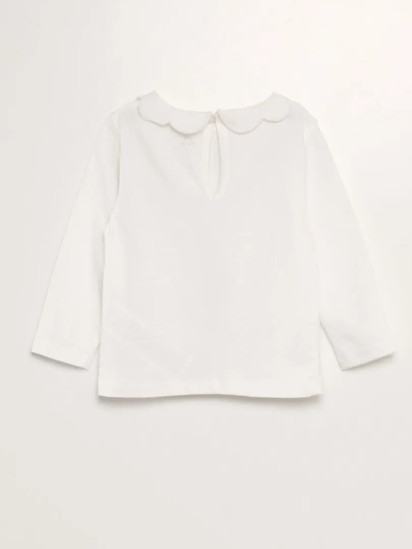 CAMISETA DE MANGA LARGA CON CUELLO FESTONEADO  BLANCO