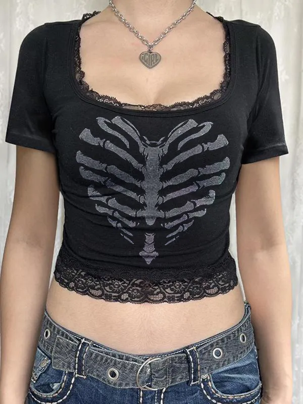 Camisetas de manga corta negras con estampado de calavera y patchwork de encaje