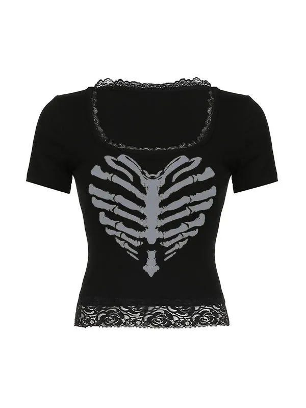 Camisetas de manga corta negras con estampado de calavera y patchwork de encaje