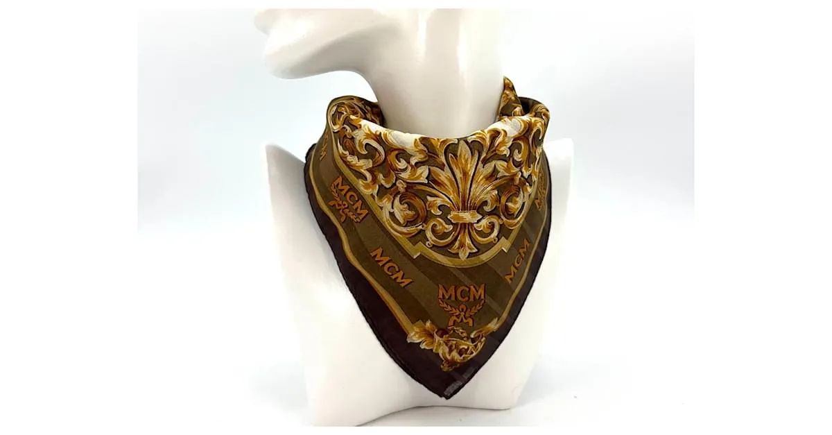 MCM Bandana Bufanda Mujer Algodón Marrón Marrón Oscuro Dorado Crema LogoEstampado Castaño 