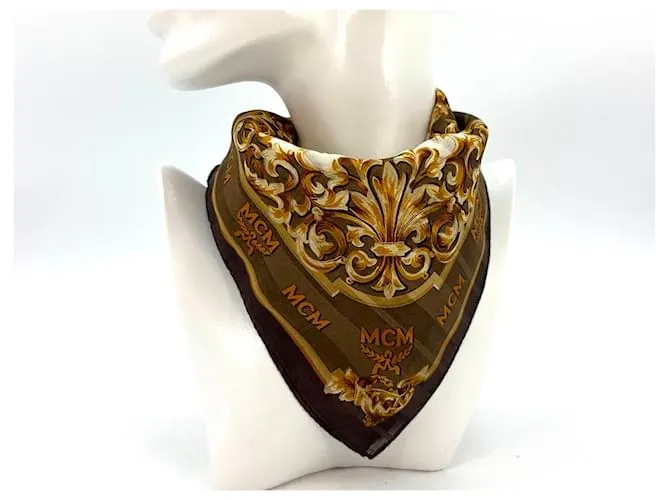 MCM Bandana Bufanda Mujer Algodón Marrón Marrón Oscuro Dorado Crema LogoEstampado Castaño 