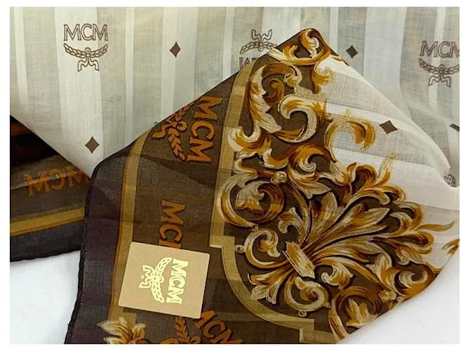 MCM Bandana Bufanda Mujer Algodón Marrón Marrón Oscuro Dorado Crema LogoEstampado Castaño 