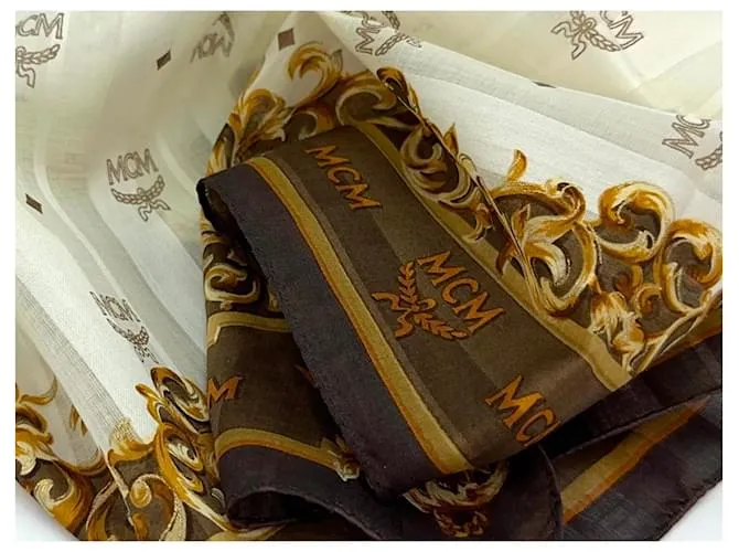 MCM Bandana Bufanda Mujer Algodón Marrón Marrón Oscuro Dorado Crema LogoEstampado Castaño 
