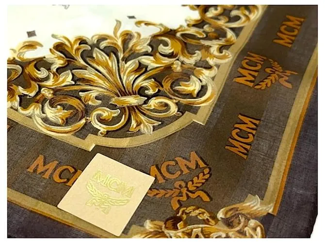 MCM Bandana Bufanda Mujer Algodón Marrón Marrón Oscuro Dorado Crema LogoEstampado Castaño 