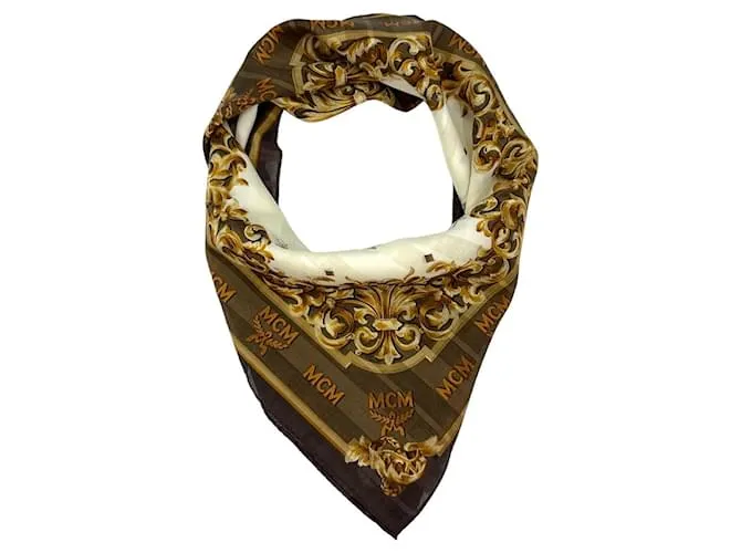 MCM Bandana Bufanda Mujer Algodón Marrón Marrón Oscuro Dorado Crema LogoEstampado Castaño 