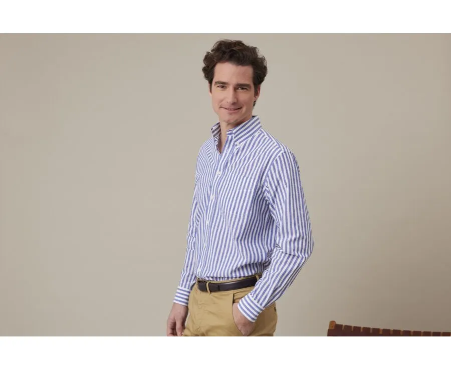 OCEAN BLUE & WHITE LONG SLEEVE COTTON LINEN SHIRT  COLTEN