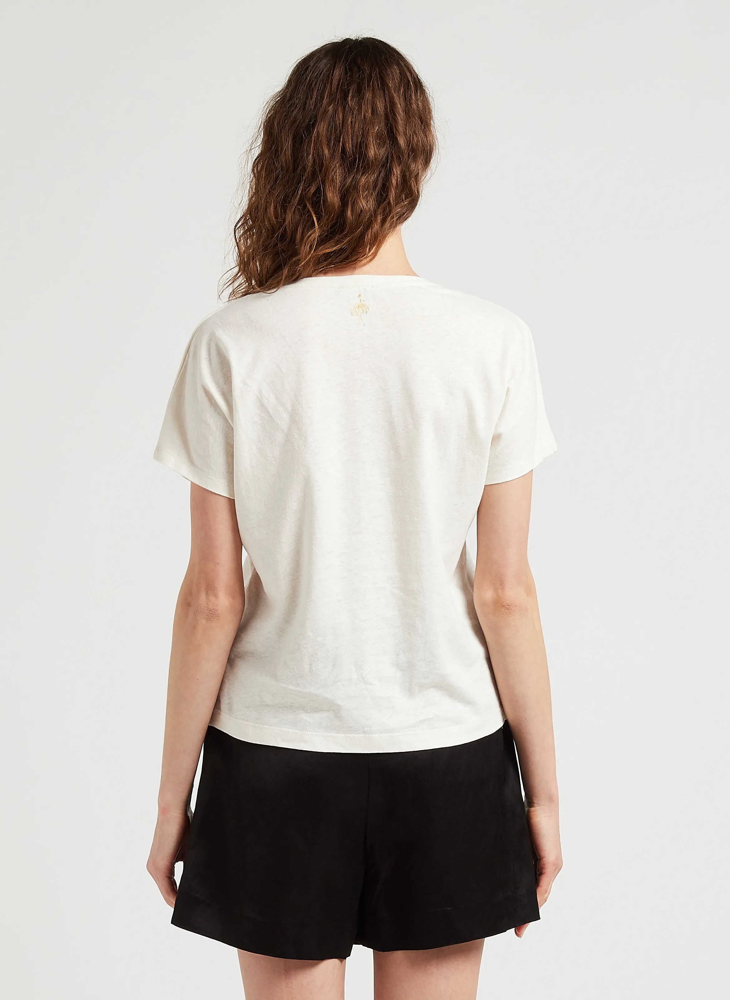 ONE STEP Camiseta de mezcla de lino holgada con cuello de pico en blanco