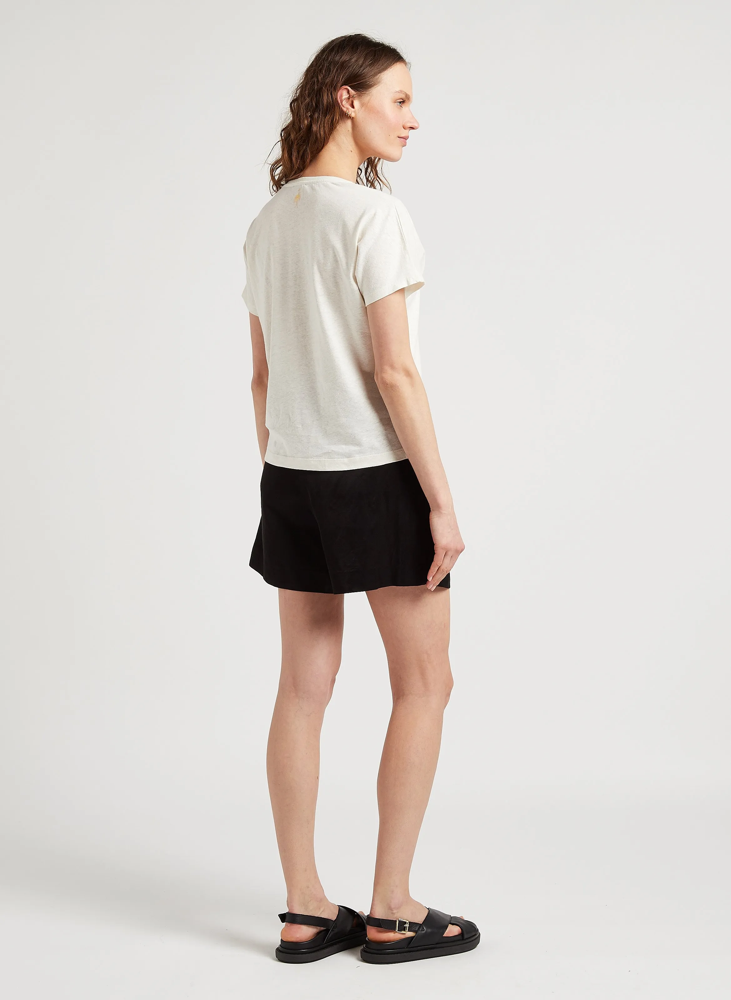 ONE STEP Camiseta de mezcla de lino holgada con cuello de pico en blanco