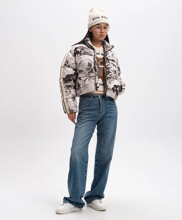 Palm Angels Beige track down jacket with logo embroidery in print