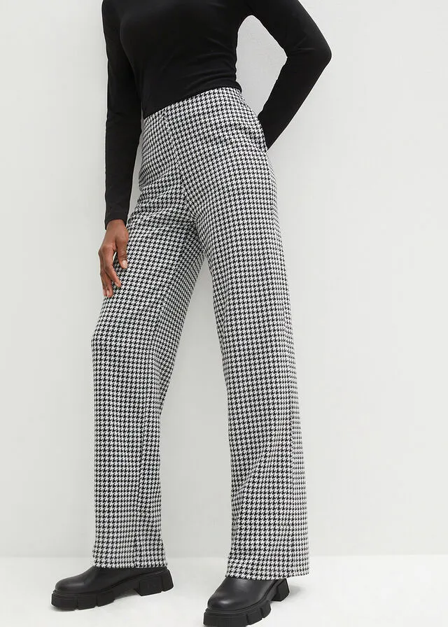 PANTALóN ELáSTICO CON PATRóN DE PATA DE GALLO, PIERNA ANCHA NEGROBLANCO DE CUADROS