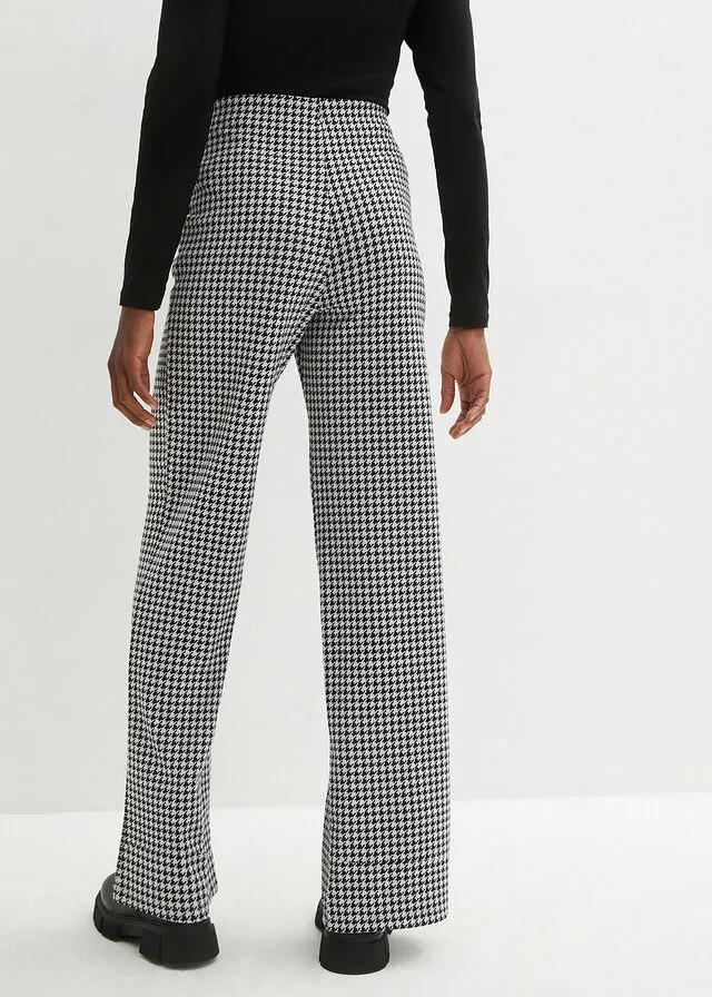 PANTALóN ELáSTICO CON PATRóN DE PATA DE GALLO, PIERNA ANCHA NEGROBLANCO DE CUADROS