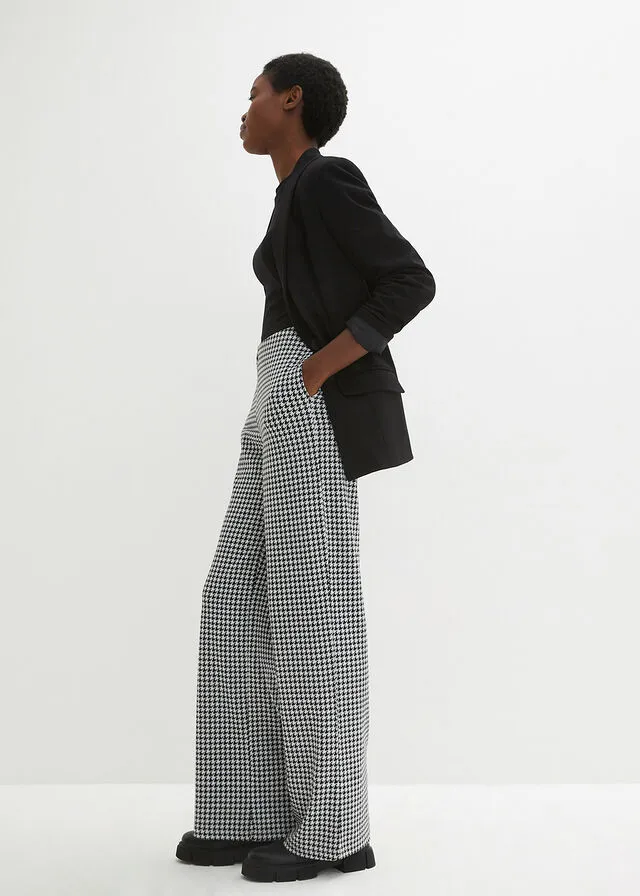 PANTALóN ELáSTICO CON PATRóN DE PATA DE GALLO, PIERNA ANCHA NEGROBLANCO DE CUADROS