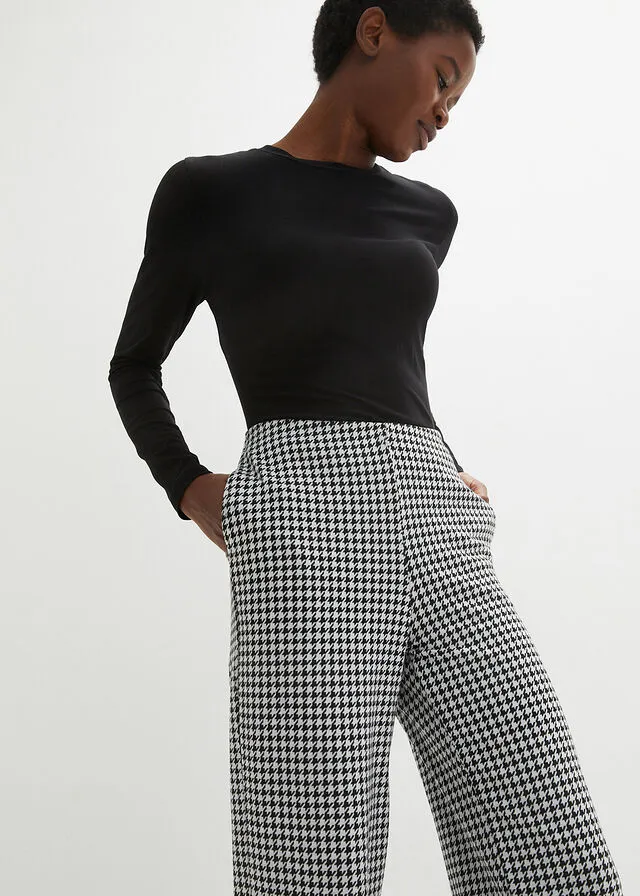 PANTALóN ELáSTICO CON PATRóN DE PATA DE GALLO, PIERNA ANCHA NEGROBLANCO DE CUADROS