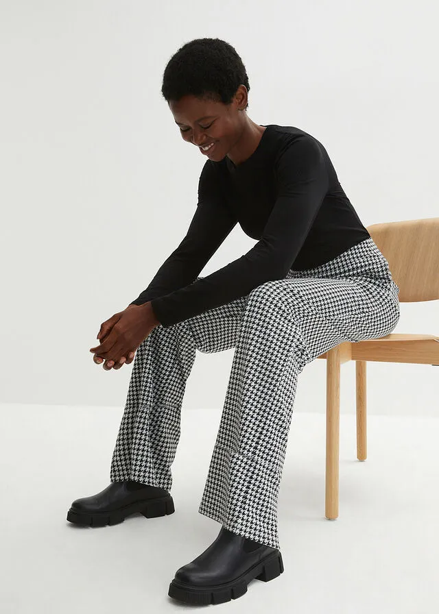 PANTALóN ELáSTICO CON PATRóN DE PATA DE GALLO, PIERNA ANCHA NEGROBLANCO DE CUADROS