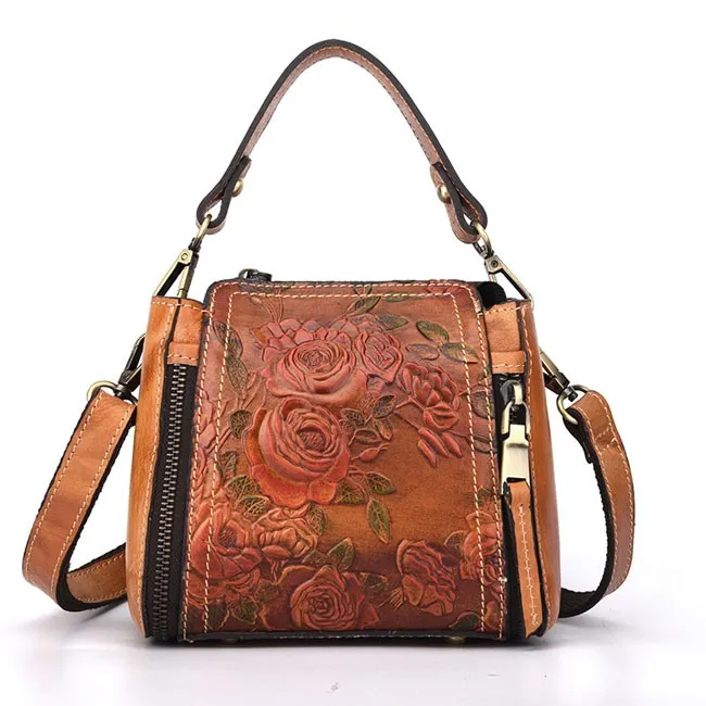 Retro Real Leather Rose Shoulder Bag Handmade Flower Embossed Handbag 
