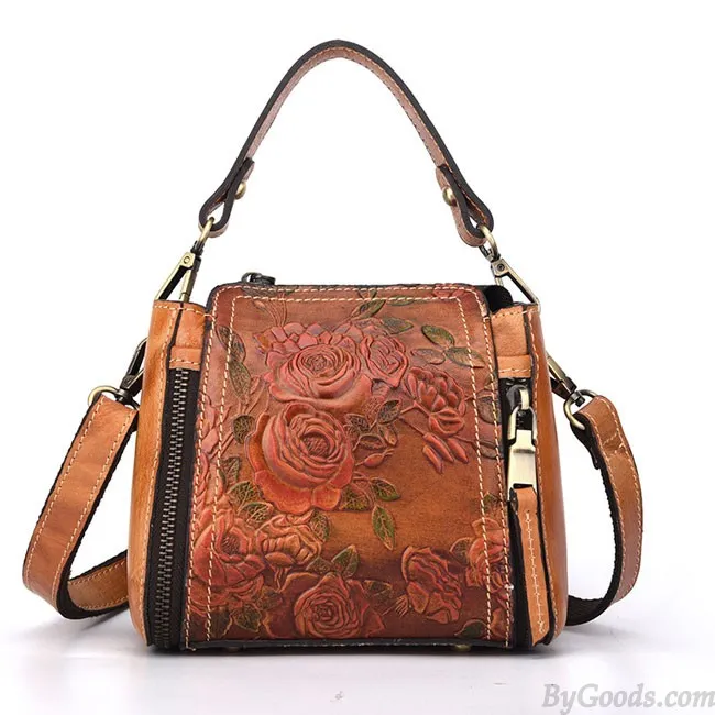 Retro Real Leather Rose Shoulder Bag Handmade Flower Embossed Handbag 