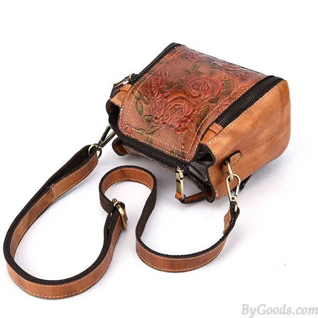 Retro Real Leather Rose Shoulder Bag Handmade Flower Embossed Handbag 