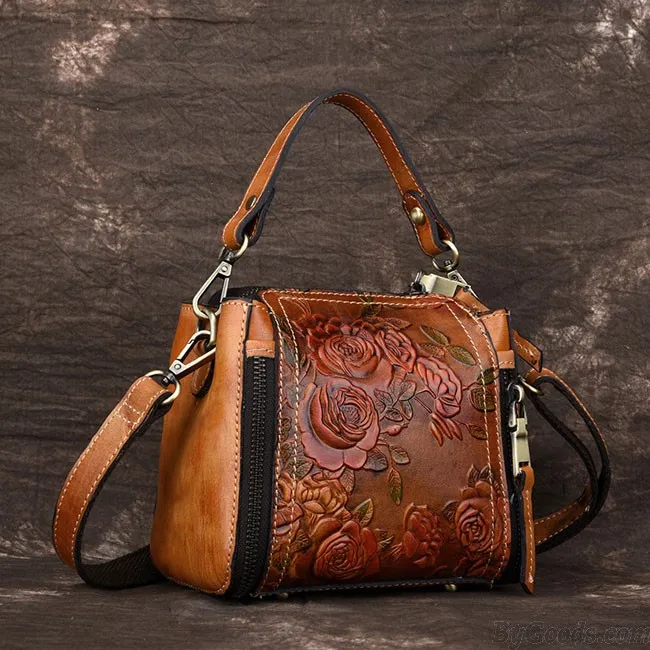 Retro Real Leather Rose Shoulder Bag Handmade Flower Embossed Handbag 