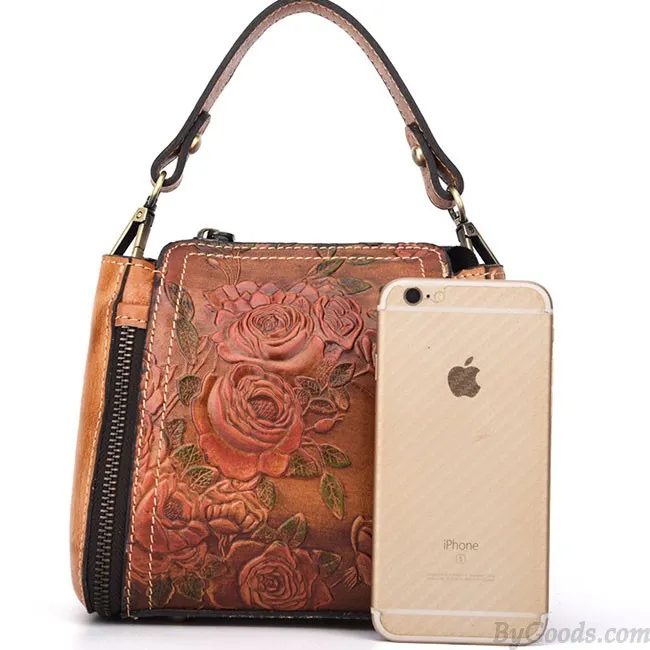 Retro Real Leather Rose Shoulder Bag Handmade Flower Embossed Handbag 