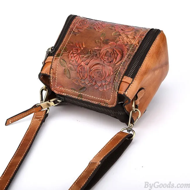 Retro Real Leather Rose Shoulder Bag Handmade Flower Embossed Handbag 