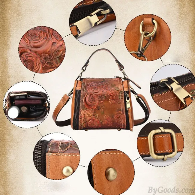 Retro Real Leather Rose Shoulder Bag Handmade Flower Embossed Handbag 