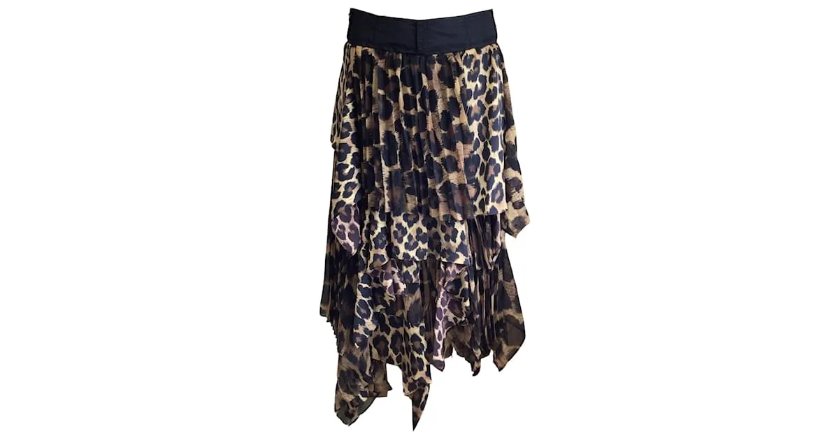 Sacai Tan / Castaño / Falda midi con gradas y dobladillo asimétrico con estampado de leopardo negro 