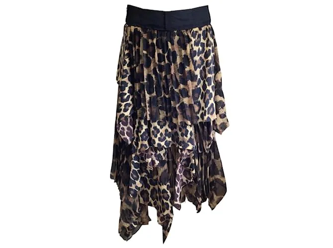 Sacai Tan / Castaño / Falda midi con gradas y dobladillo asimétrico con estampado de leopardo negro 