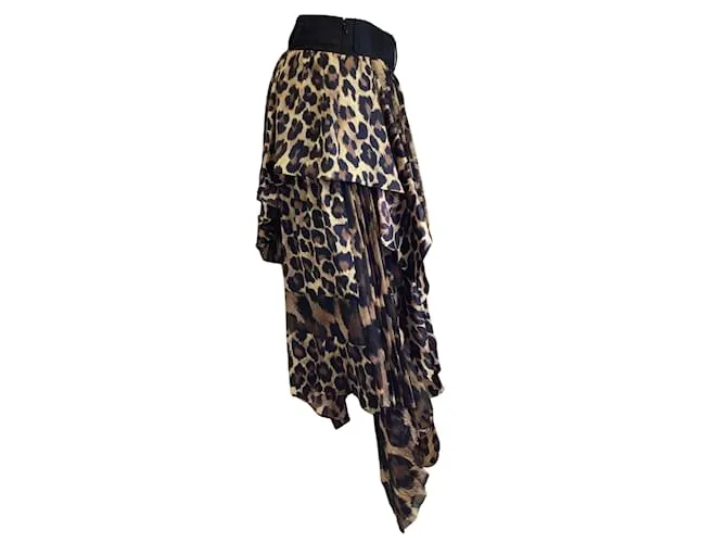 Sacai Tan / Castaño / Falda midi con gradas y dobladillo asimétrico con estampado de leopardo negro 