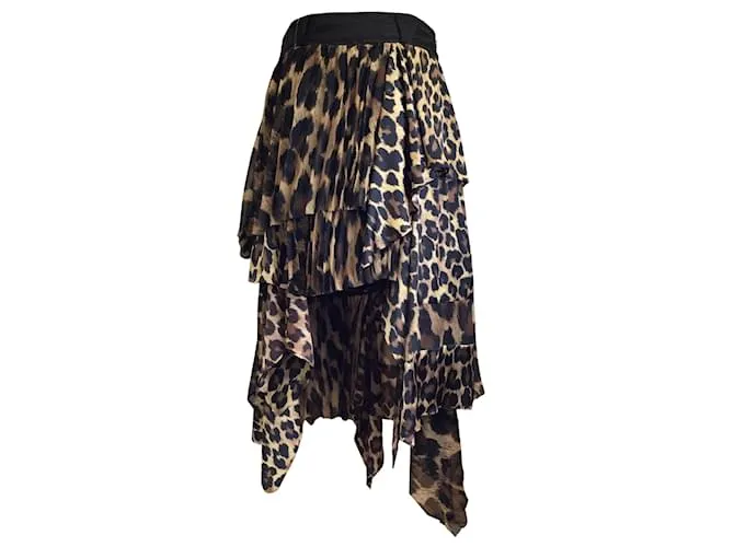 Sacai Tan / Castaño / Falda midi con gradas y dobladillo asimétrico con estampado de leopardo negro 