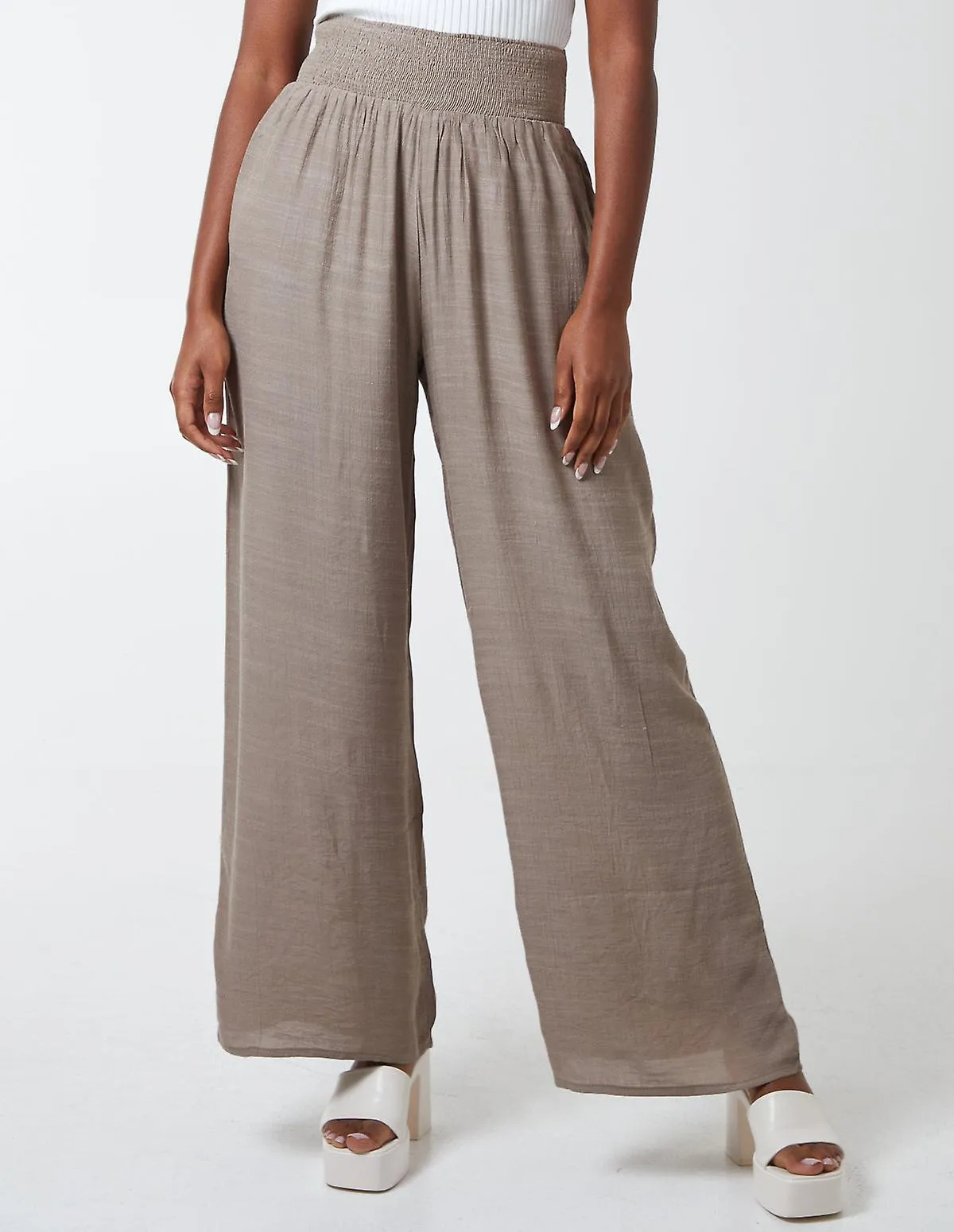 Shirring waist wide leg trousers2221