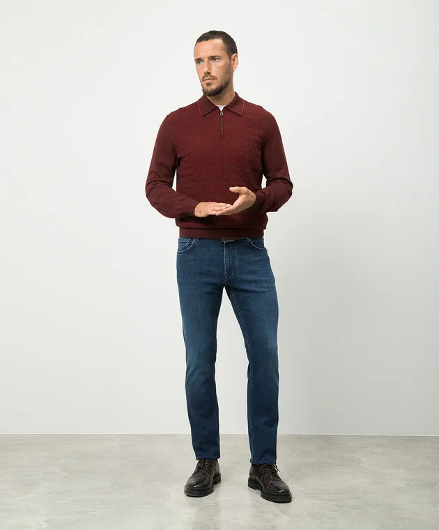 Stefano Ricci Burgundy polo shirt in wool and silk with a crocodile skin insert