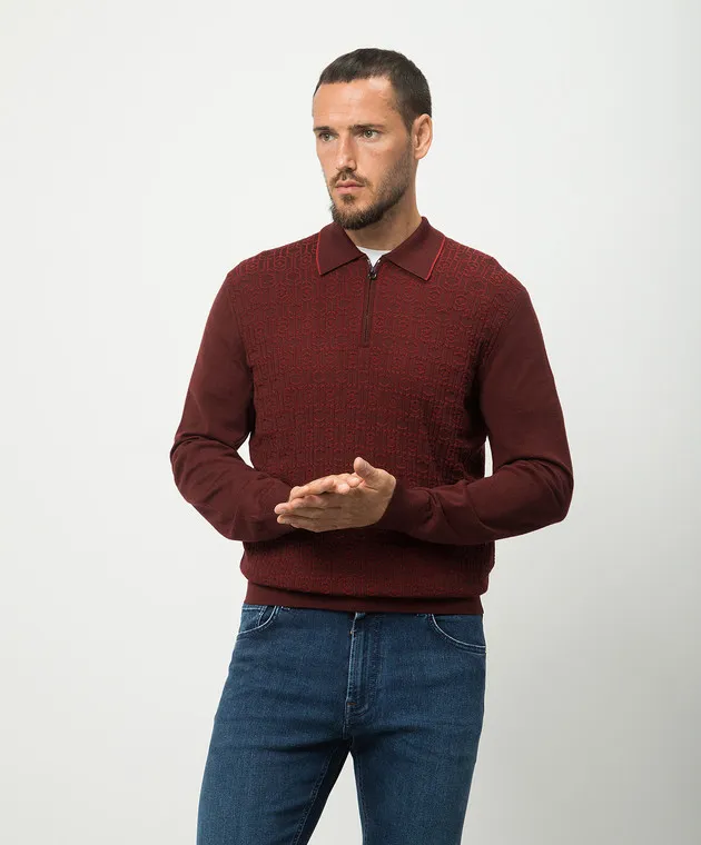 Stefano Ricci Burgundy polo shirt in wool and silk with a crocodile skin insert