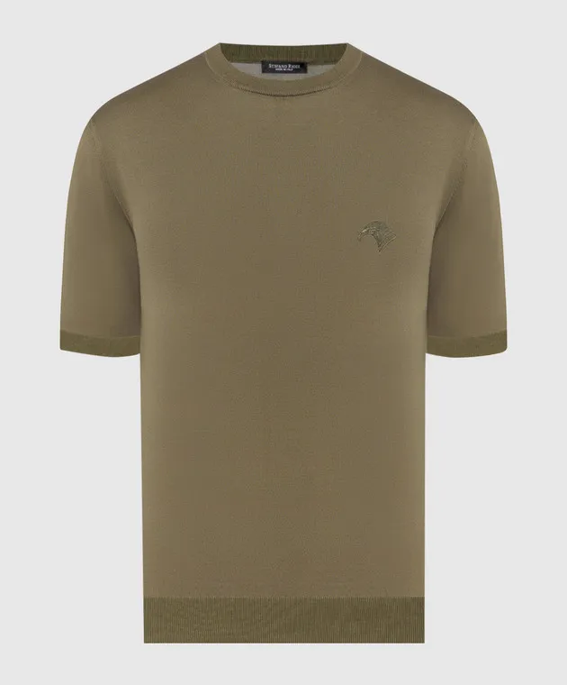 STEFANO RICCI KHAKI TSHIRT WITH MONOGRAM LOGO EMBROIDERY