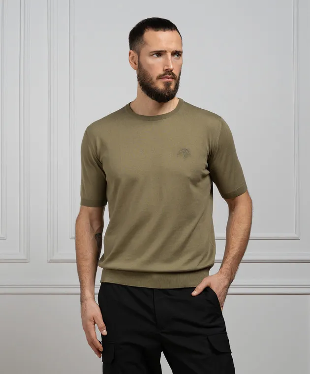 STEFANO RICCI KHAKI TSHIRT WITH MONOGRAM LOGO EMBROIDERY