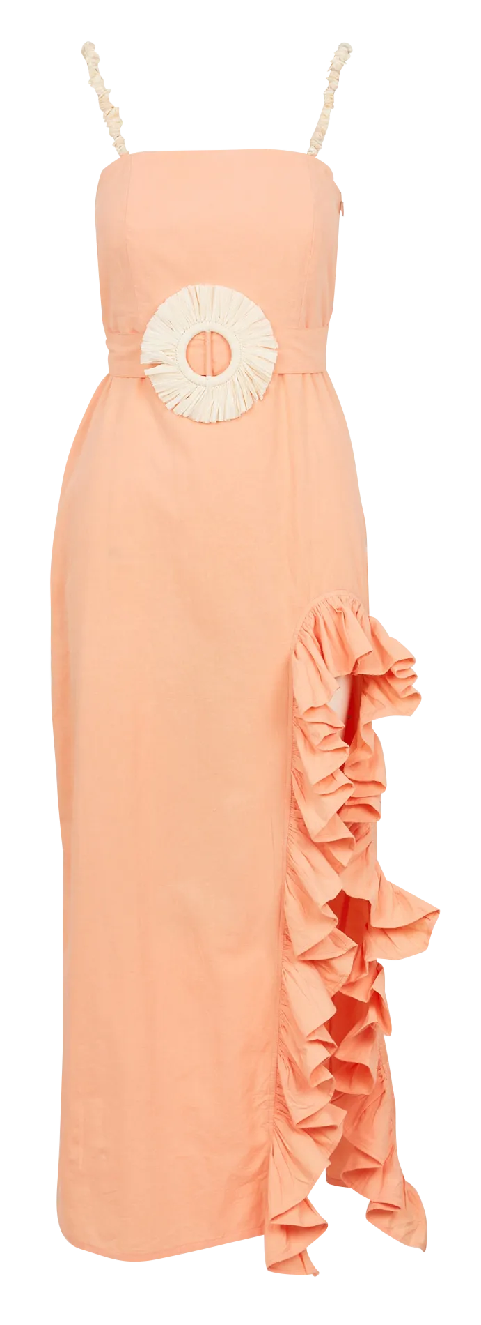 SUNDRESS FRANCINE  VESTIDO LARGO ENTALLADO CON VOLANTES Y CONCHAS EN BEIGE