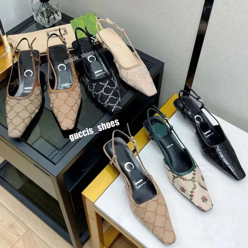 tacones slingback tacones altos de diseñador Sandalias Slingback mocasines bomba para mujer Tacón medio Malla negra con cristale