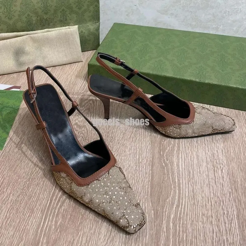 tacones slingback tacones altos de diseñador Sandalias Slingback mocasines bomba para mujer Tacón medio Malla negra con cristale