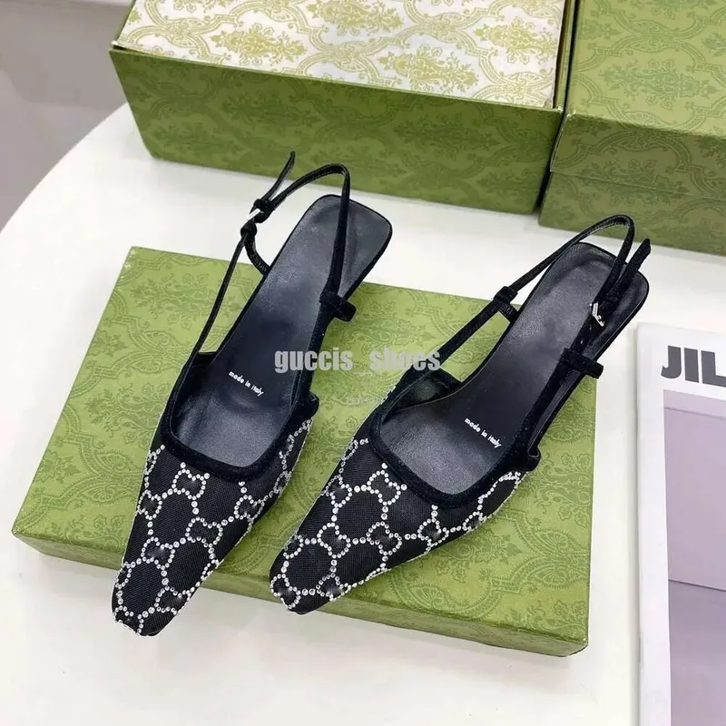 tacones slingback tacones altos de diseñador Sandalias Slingback mocasines bomba para mujer Tacón medio Malla negra con cristale