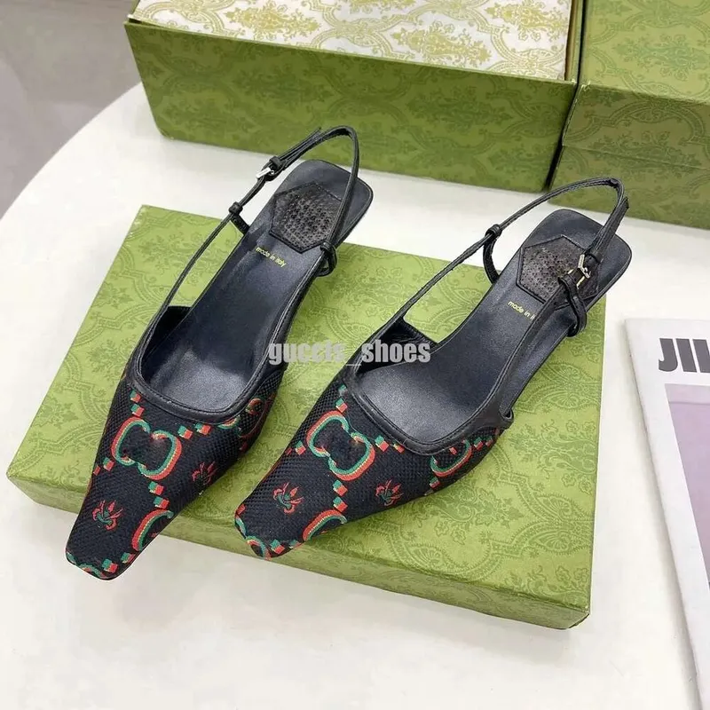 tacones slingback tacones altos de diseñador Sandalias Slingback mocasines bomba para mujer Tacón medio Malla negra con cristale