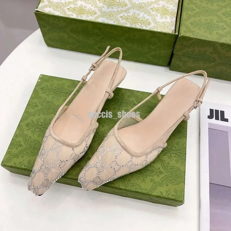 tacones slingback tacones altos de diseñador Sandalias Slingback mocasines bomba para mujer Tacón medio Malla negra con cristale