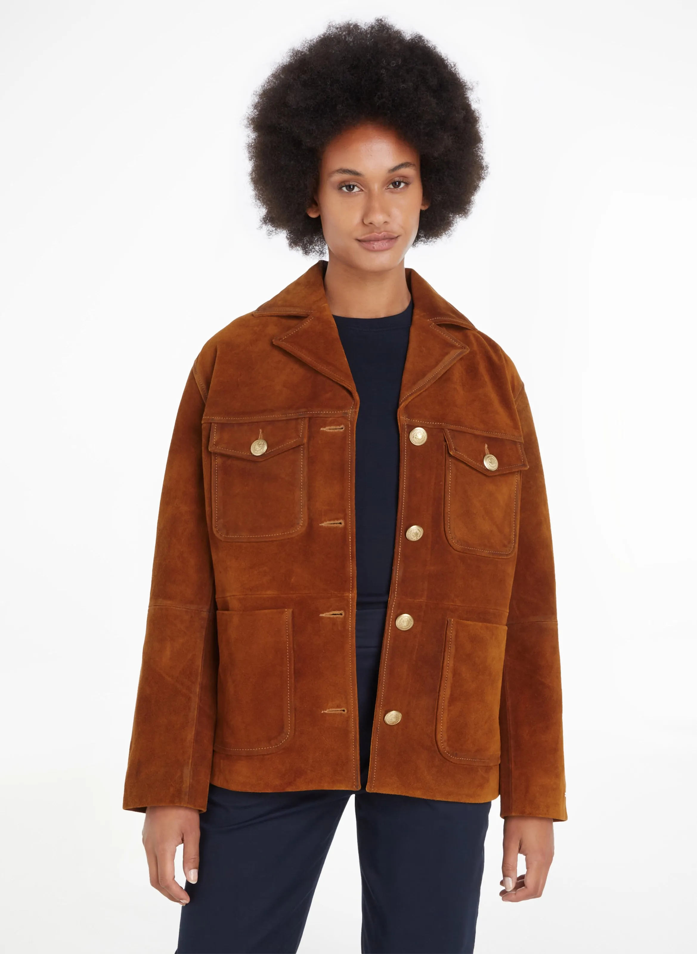 TOMMY HILFIGER Chaqueta recta de cuello clásico en cuero de gamuza. en marron